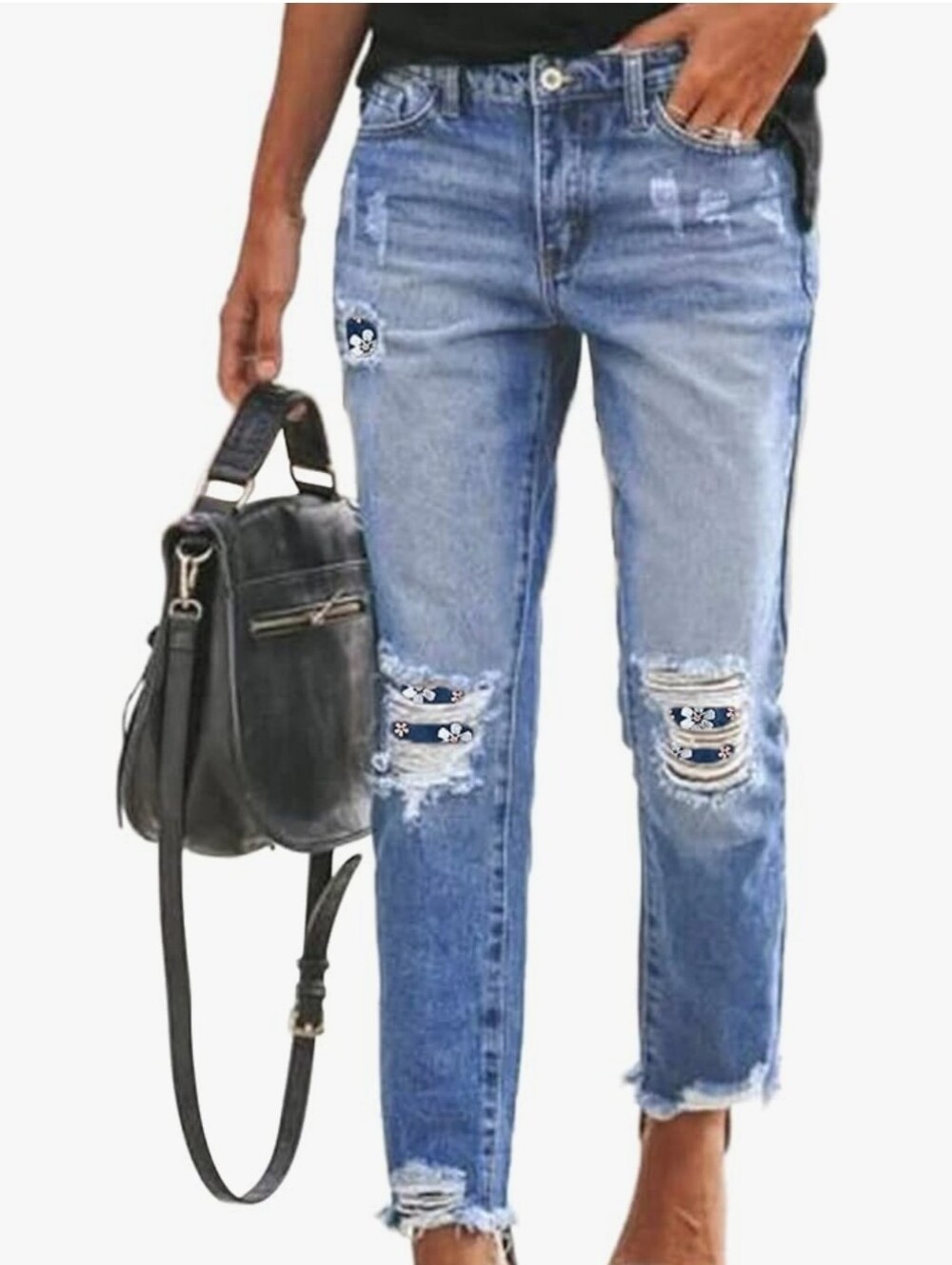 Sidefeel Women Floral Patchwork Destroyed Mid-Waist Loose Jeans Denim Pants XL
